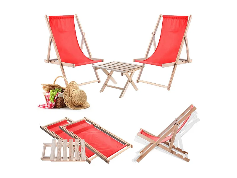 Set aus Couchtisch mit Loungesesseln Anjouin natur + 2 Loungesessel aus Holz rot