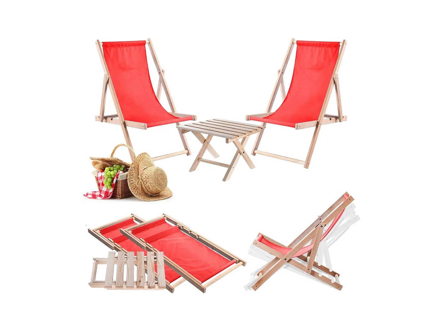 Conjunto de mesa de centro con sillones Anjouin natural + 2 sillones de madera rojos
