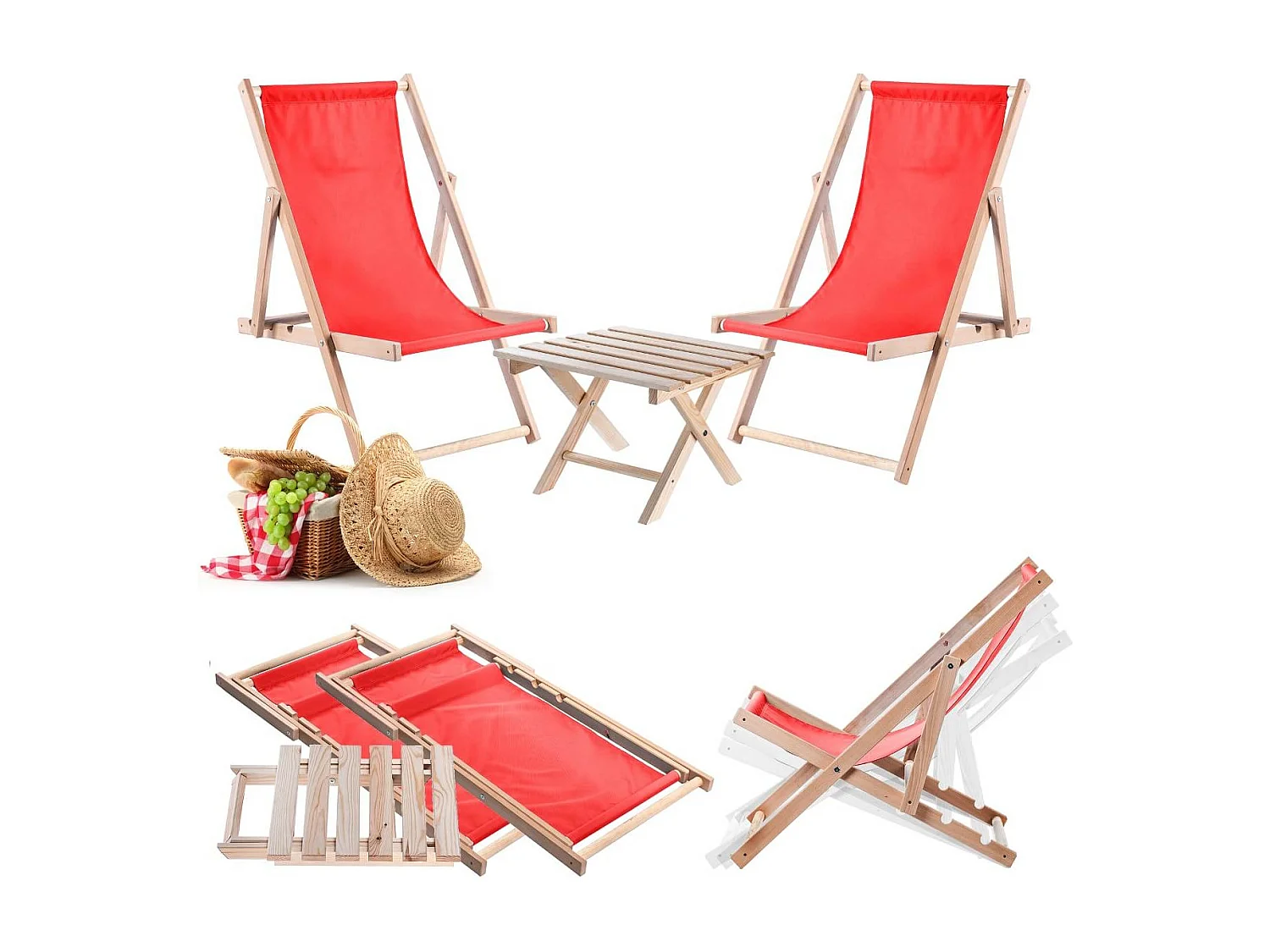 KADAX Zestaw stolik kawowy do leżaków Anjouin naturalny + 2 leżaki drewniane czerwone
