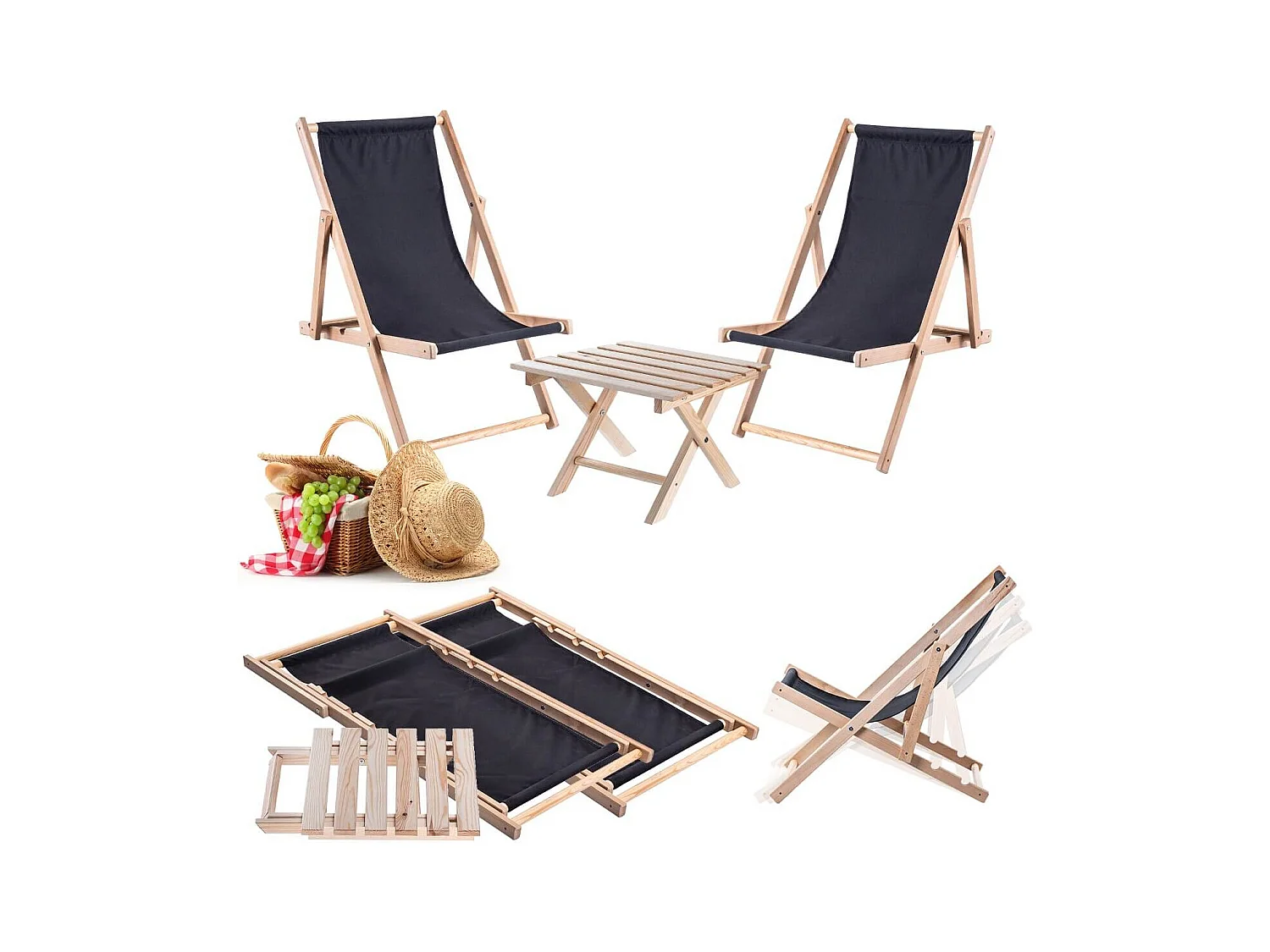 Ensemble table basse et 2 chaises longues en bois noir Anjouin