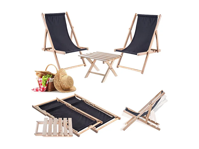 Anjouin Natur Loungesessel Couchtisch-Set + 2 schwarze Holz-Loungesessel