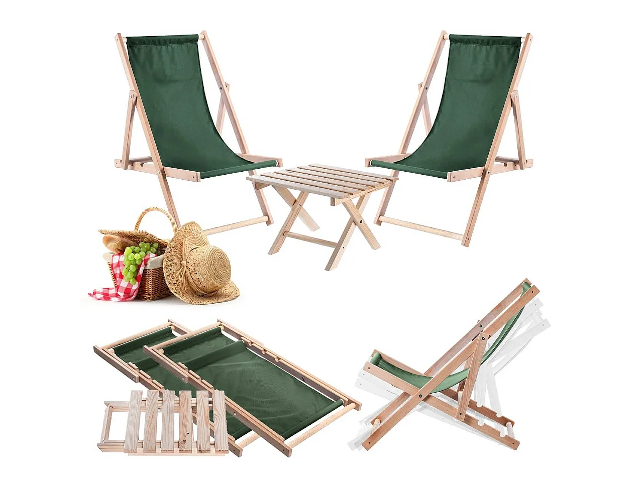 Set di sedie a sdraio Anjouin Natural Lounge con tavolino + 2 lettini verde bottiglia