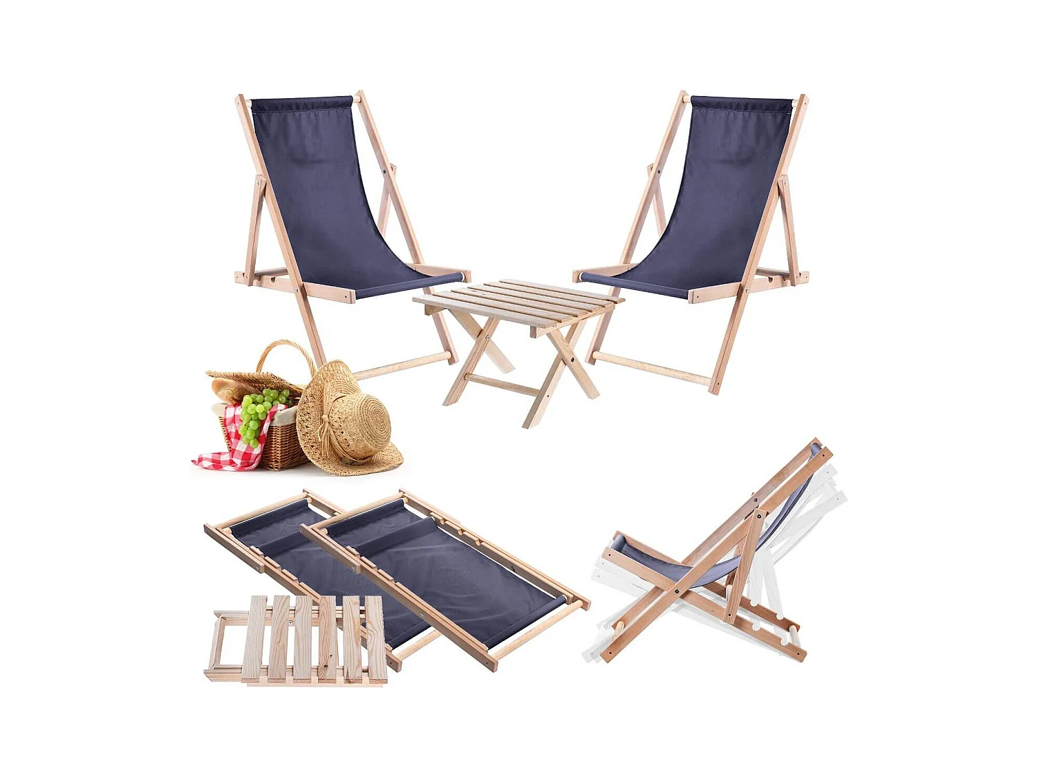 Ensemble table basse naturelle Anjouin avec chaises longues + 2 chaises longues en bois bleu marine