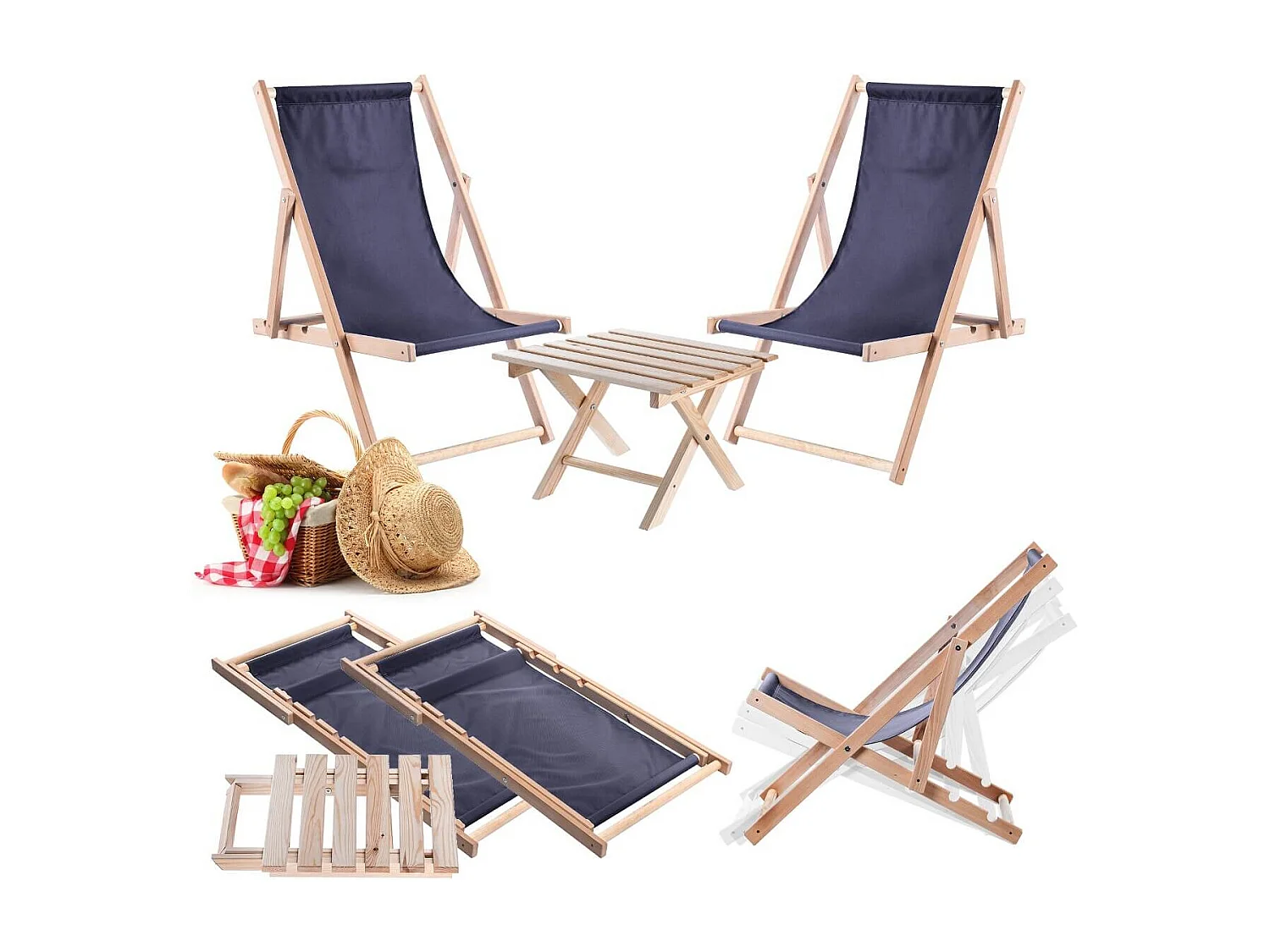 Ensemble table basse naturelle Anjouin avec chaises longues + 2 chaises longues en bois bleu marine