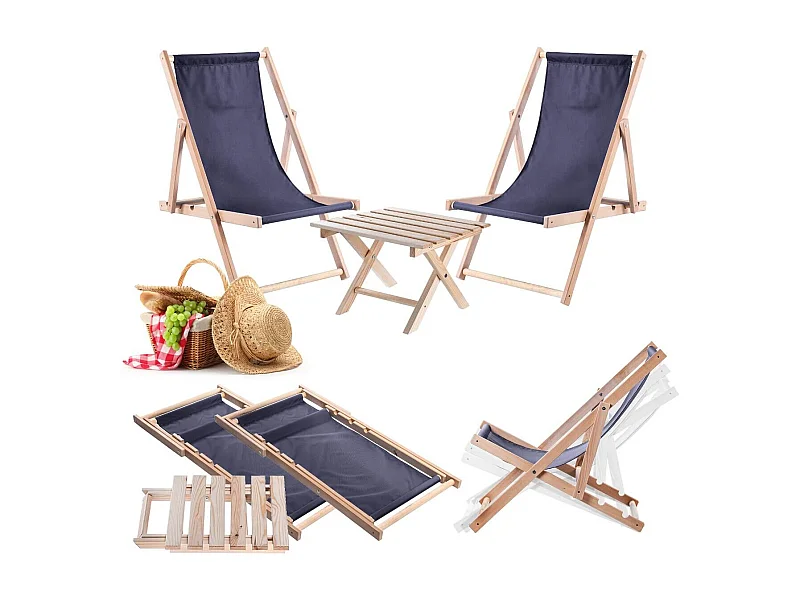 Ensemble table basse naturelle Anjouin avec chaises longues + 2 chaises longues en bois bleu marine