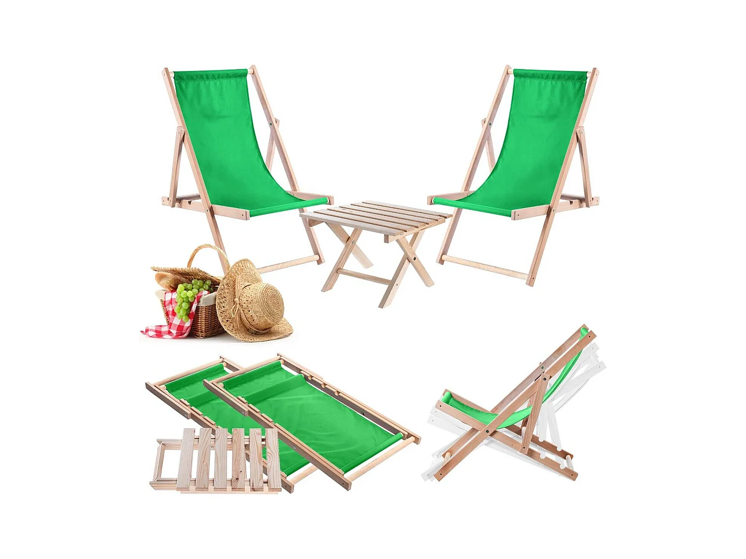KADAX Zestaw stolik kawowy do leżaków Anjouin naturalny + 2 leżaki drewniane zielone
