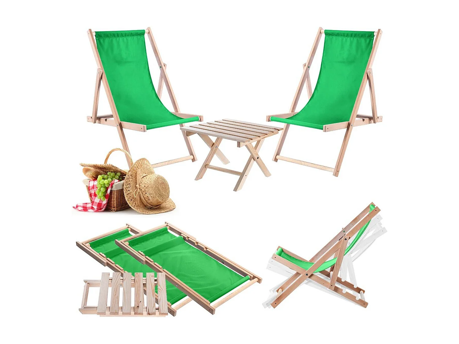 KADAX Zestaw stolik kawowy do leżaków Anjouin naturalny + 2 leżaki drewniane zielone
