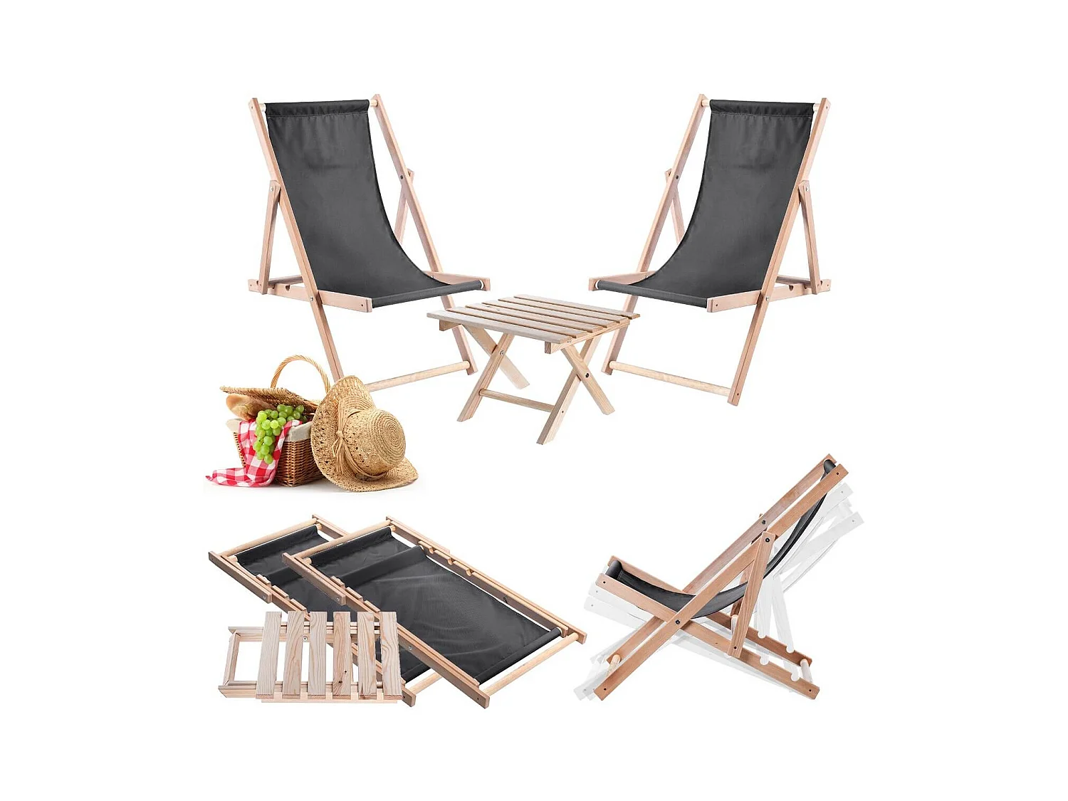 KADAX Zestaw stolik kawowy do leżaków Anjouin naturalny + 2 leżaki grafitowe ciemne