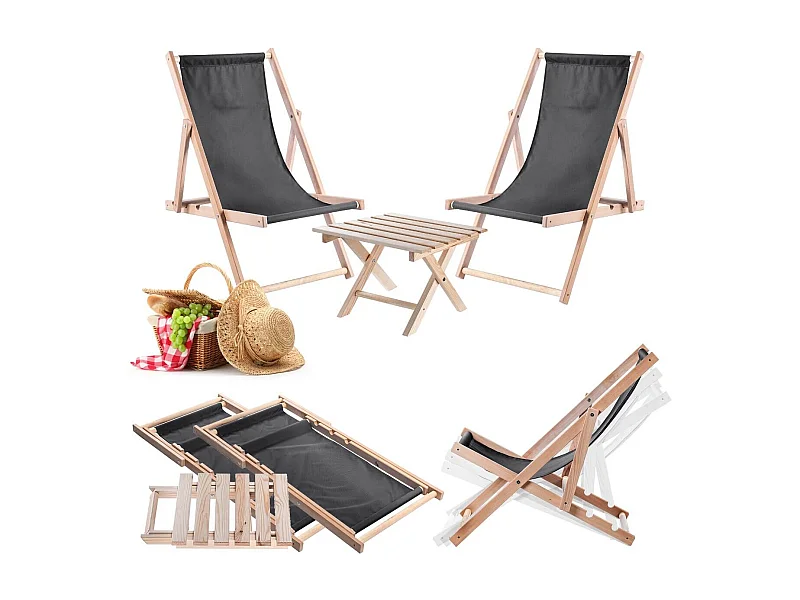 KADAX Zestaw stolik kawowy do leżaków Anjouin naturalny + 2 leżaki grafitowe ciemne