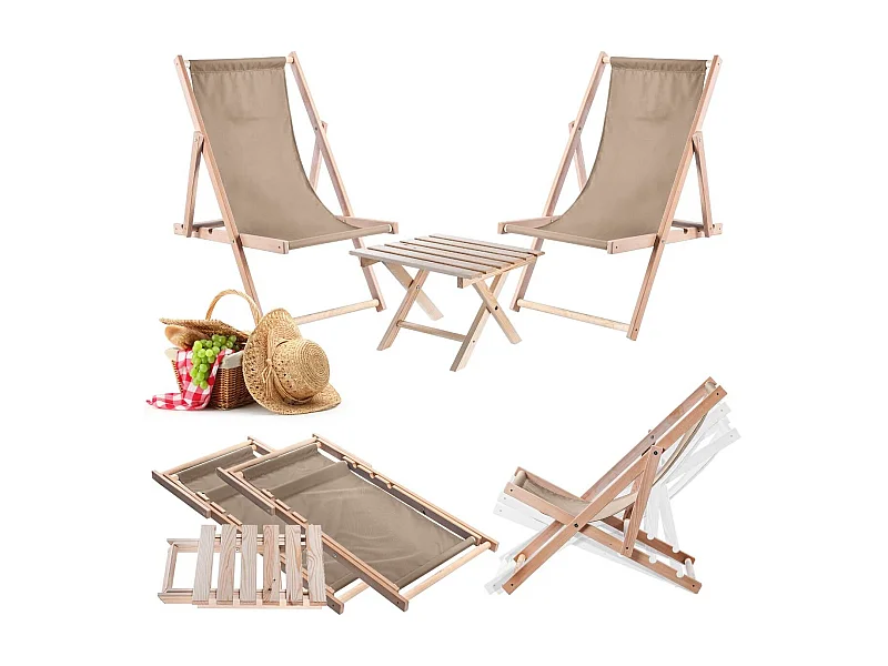 KADAX Zestaw stolik kawowy do leżaków Anjouin naturalny + 2 leżaki drewniane cappuccino