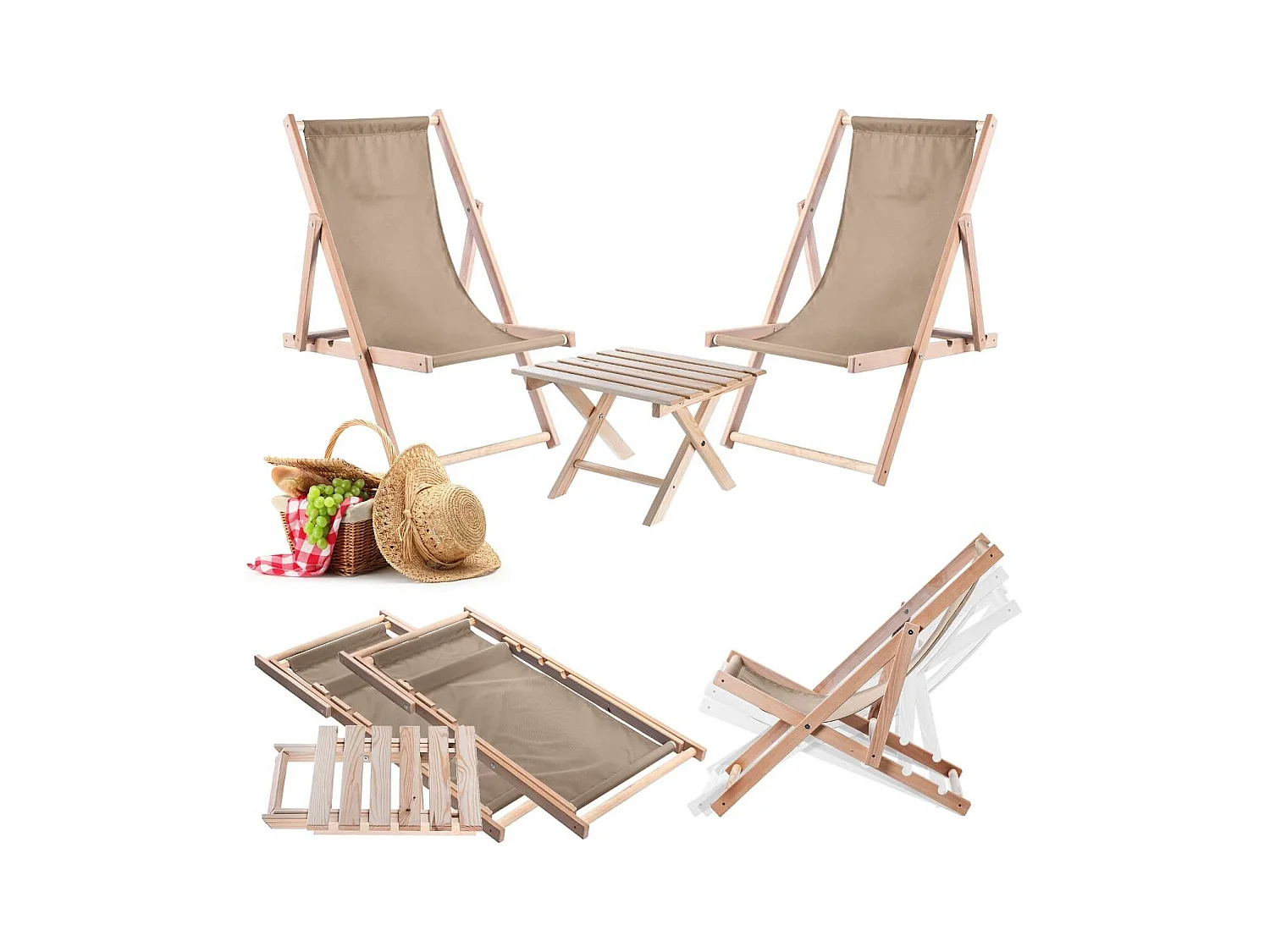 KADAX Zestaw stolik kawowy do leżaków Anjouin naturalny + 2 leżaki drewniane cappuccino