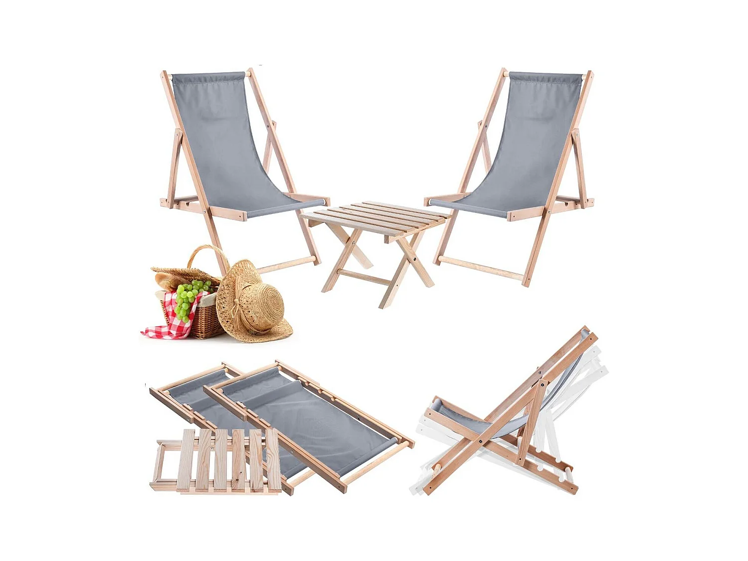 KADAX Zestaw stolik kawowy do leżaków Anjouin naturalny + 2 leżaki drewniane szare