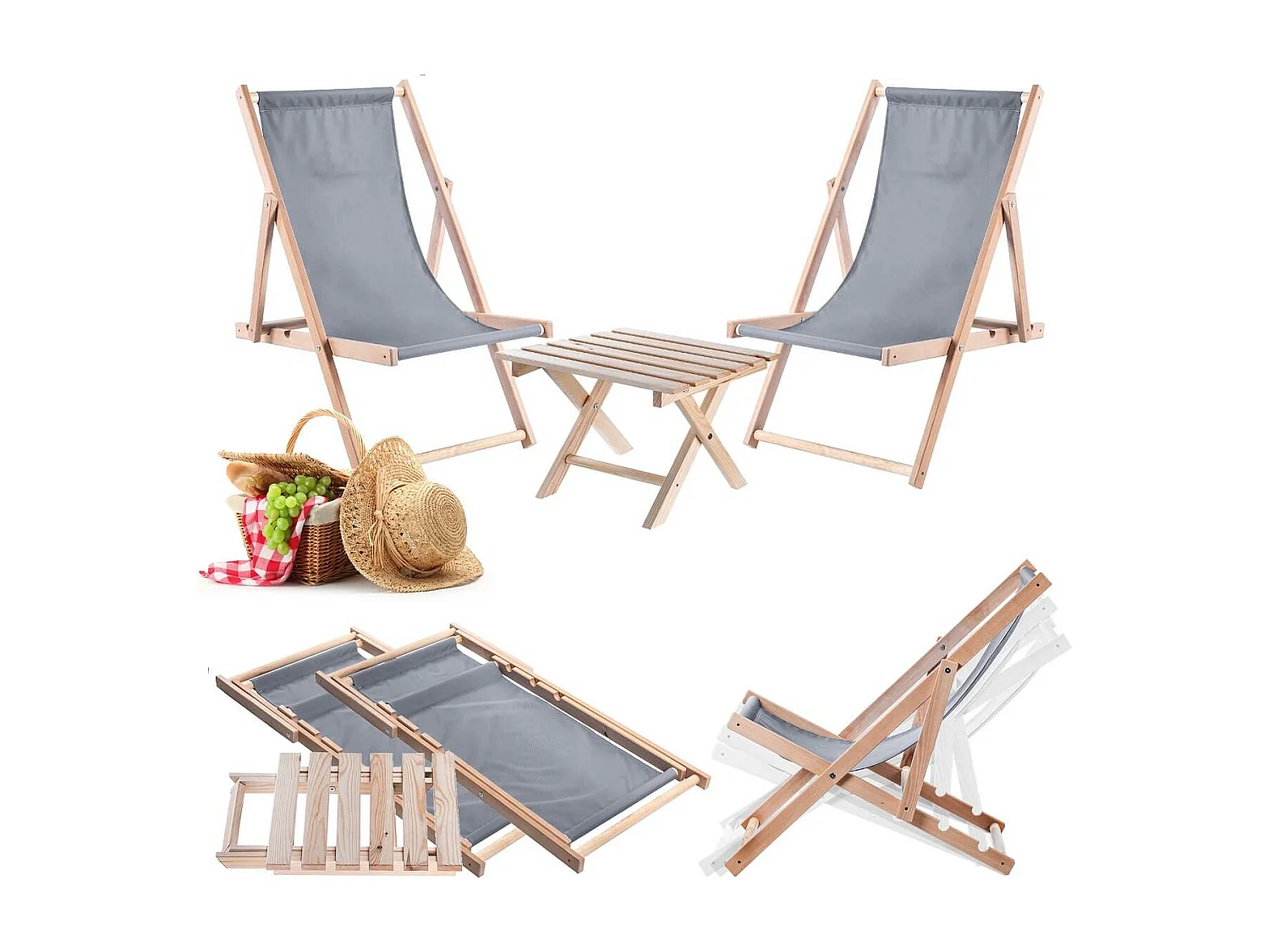 KADAX Zestaw stolik kawowy do leżaków Anjouin naturalny + 2 leżaki drewniane szare