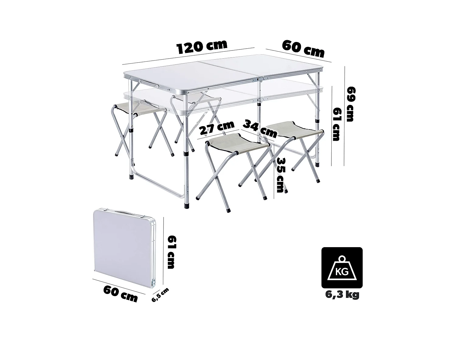 Ensemble de mobilier de camping KADAX : table pliante avec 4 chaises réglables en hauteur, multifonctionnel (argent et blanc)