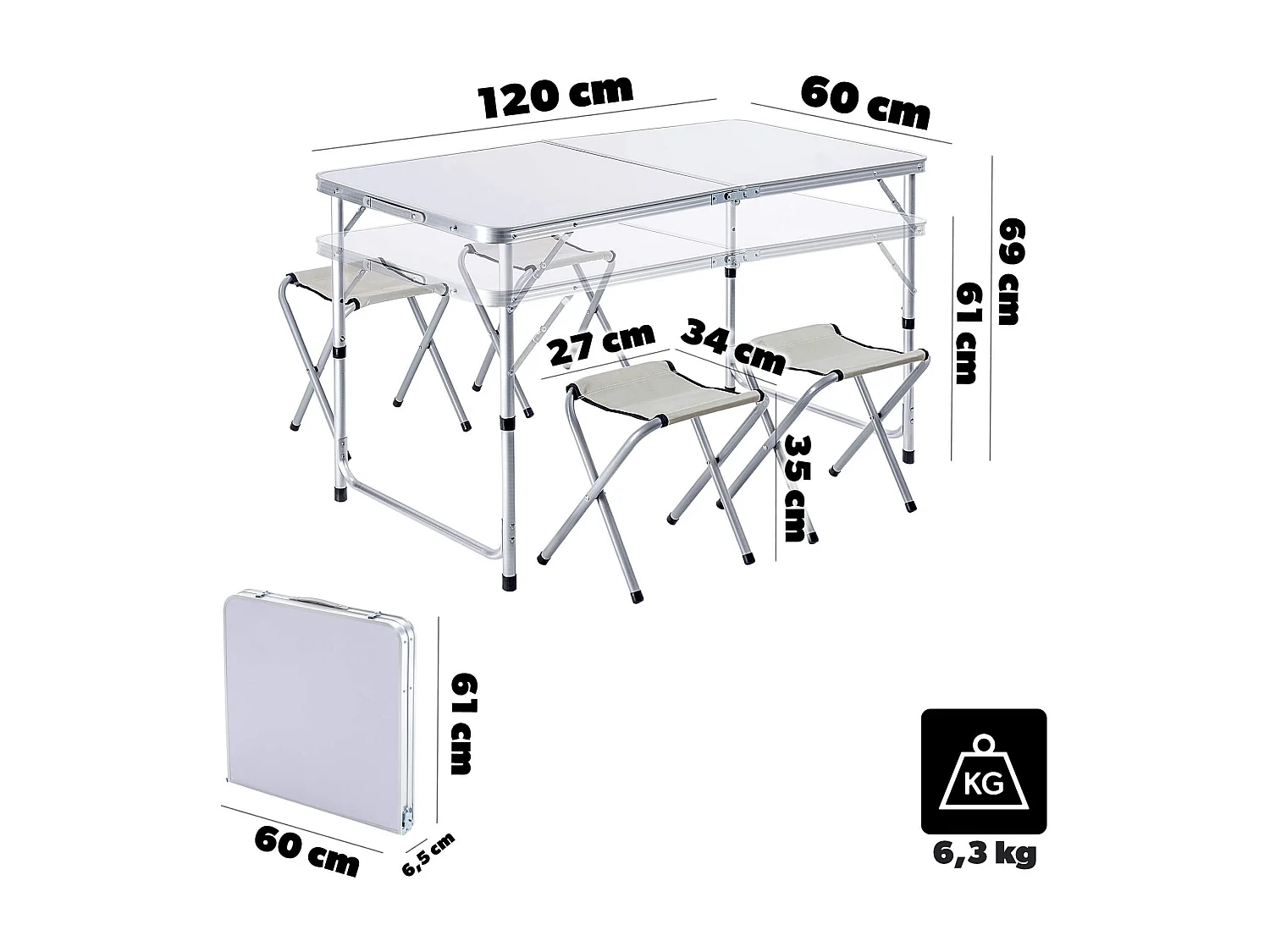 Ensemble de mobilier de camping KADAX : table pliante avec 4 chaises réglables en hauteur, multifonctionnel (argent et blanc)