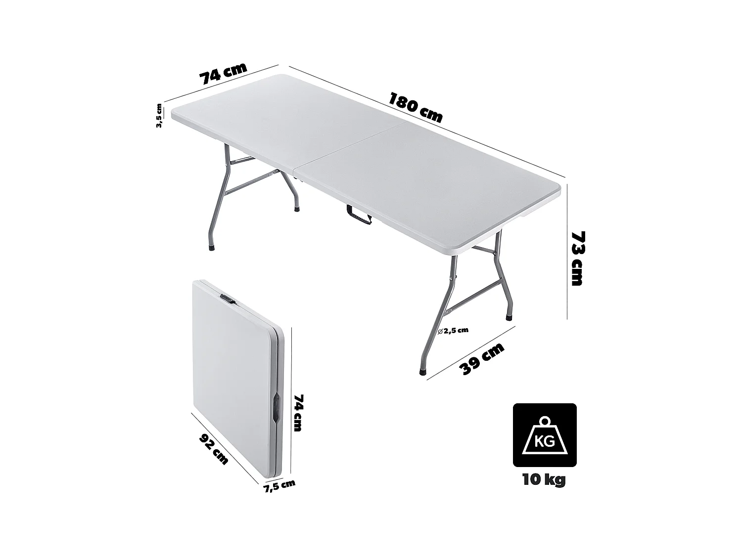 KADAX Inklapbare tuintafel, 180 x 74 x 73 cm, weerbestendige klaptafel, partytafel voor tuin, terras en balkon, robuuste buffettafel, campingtafel (wit)