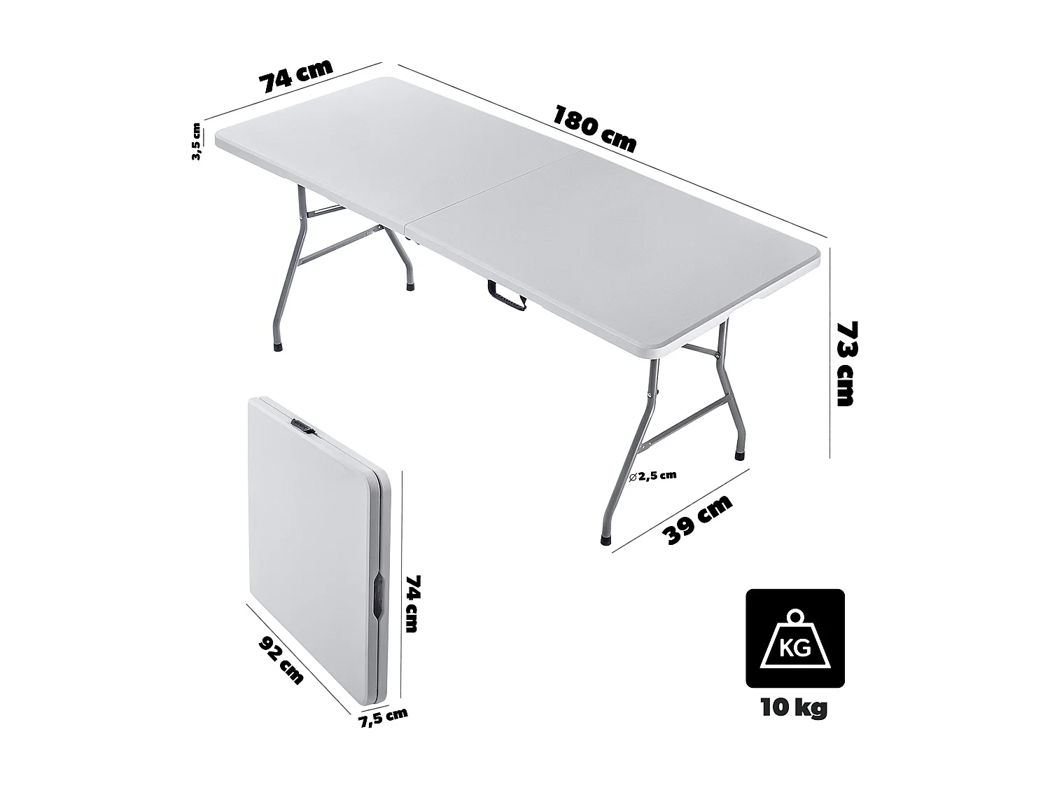 KADAX Inklapbare tuintafel, 180 x 74 x 73 cm, weerbestendige klaptafel, partytafel voor tuin, terras en balkon, robuuste buffettafel, campingtafel (wit)
