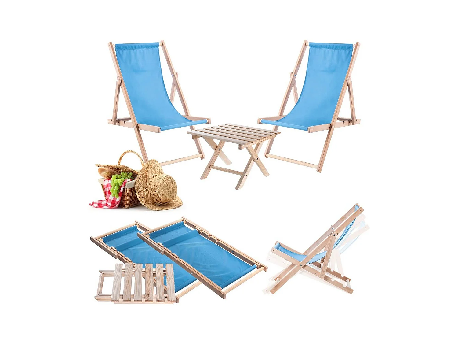 KADAX Zestaw stolik kawowy do leżaków Anjouin naturalny + 2 leżaki drewniane niebieskie