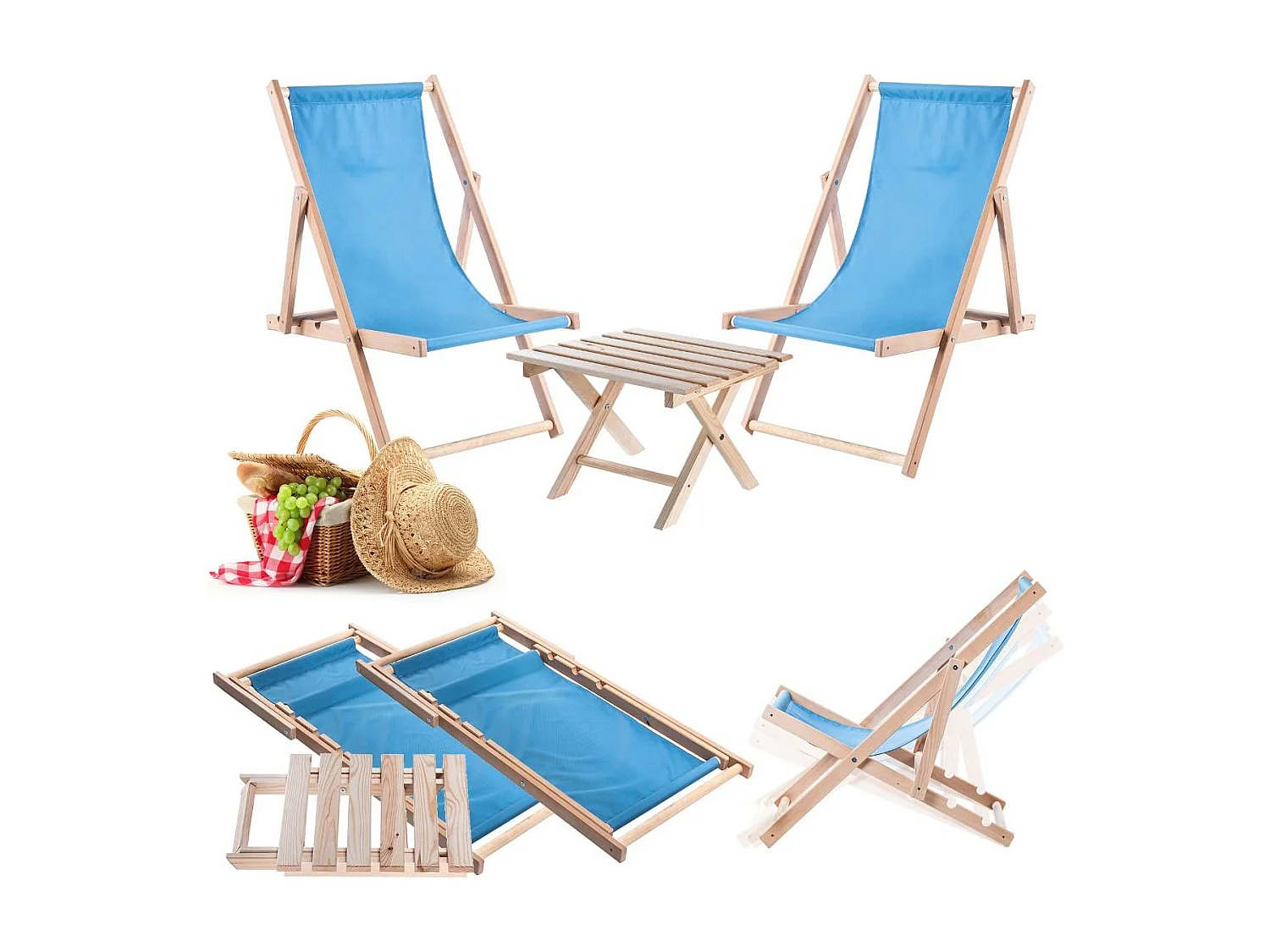 KADAX Zestaw stolik kawowy do leżaków Anjouin naturalny + 2 leżaki drewniane niebieskie