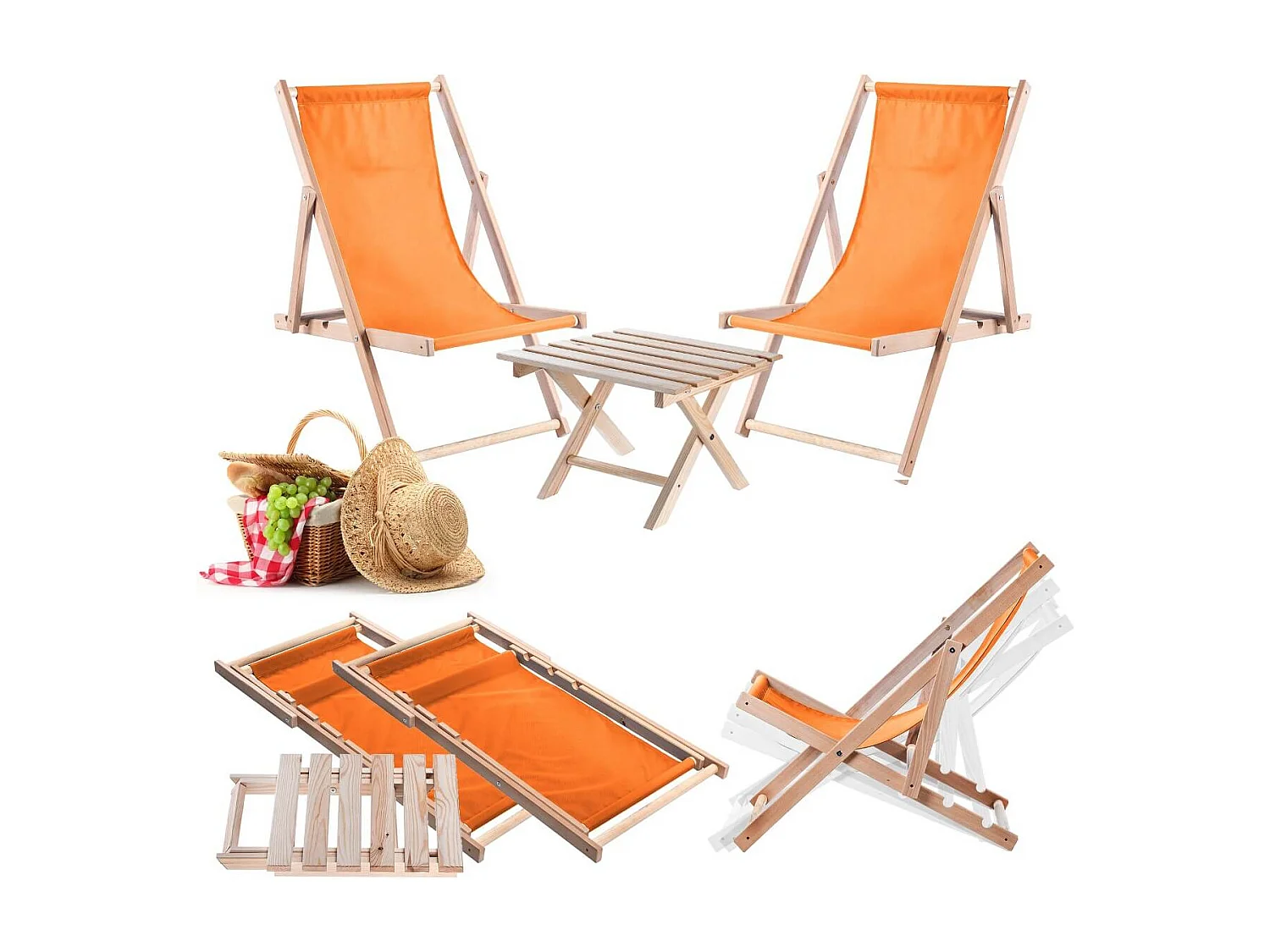 Ensemble table basse et 2 chaises longues en bois orange Anjouin