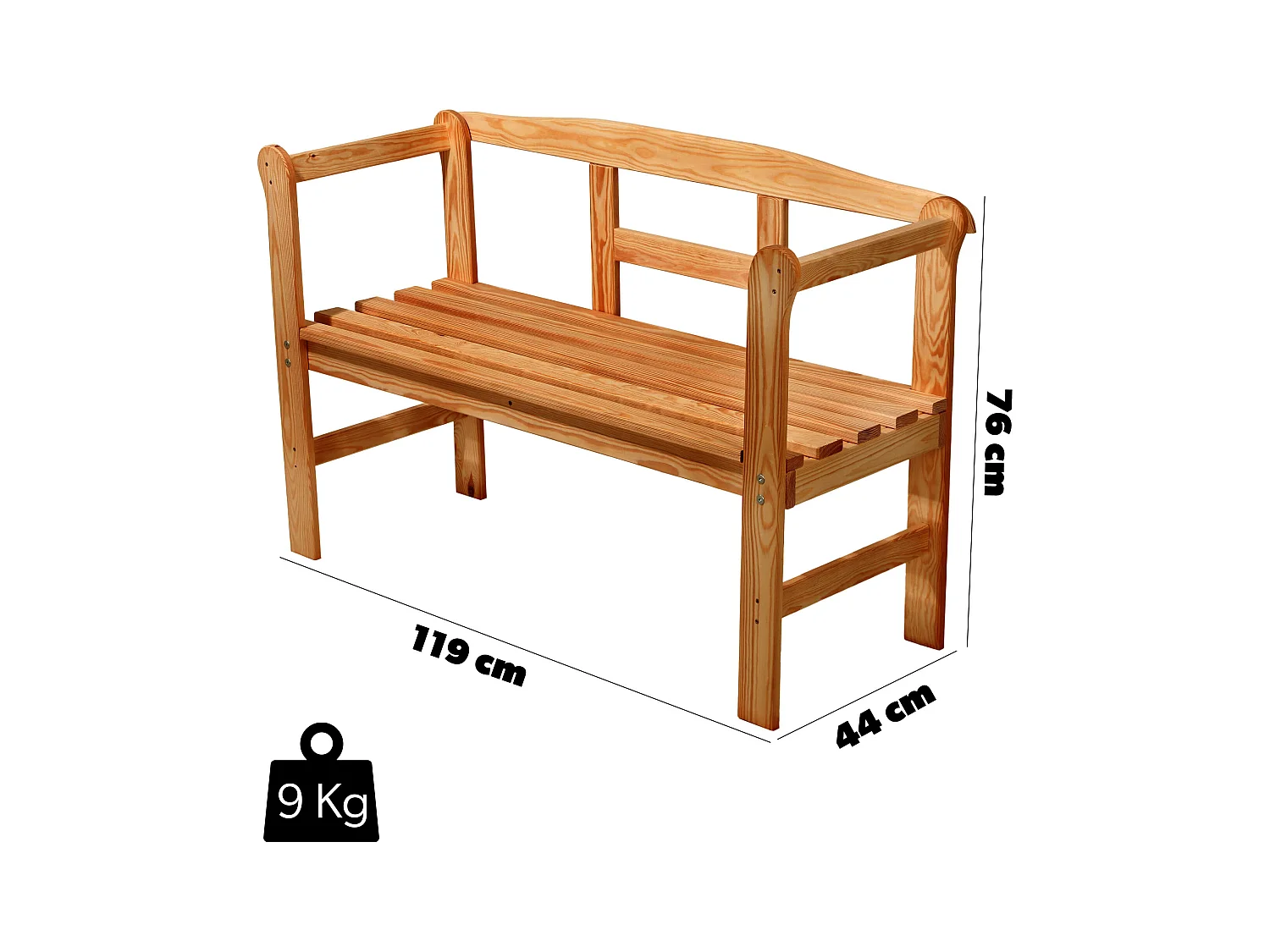 Banc de jardin KADAX, 119 x 44 x 76 cm, banc en panneaux de fibres de bois, banc avec espace de rangement et dossier, banc en bois résistant aux intempéries pour
