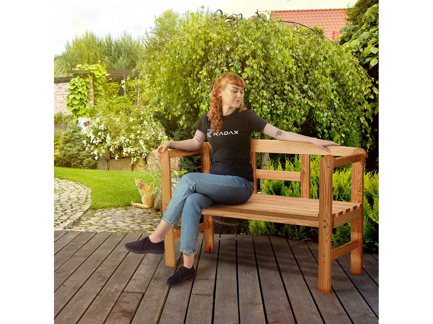 KADAX Ławka ogrodowa Coca tik z oparciem "H" 119 x 76 cm