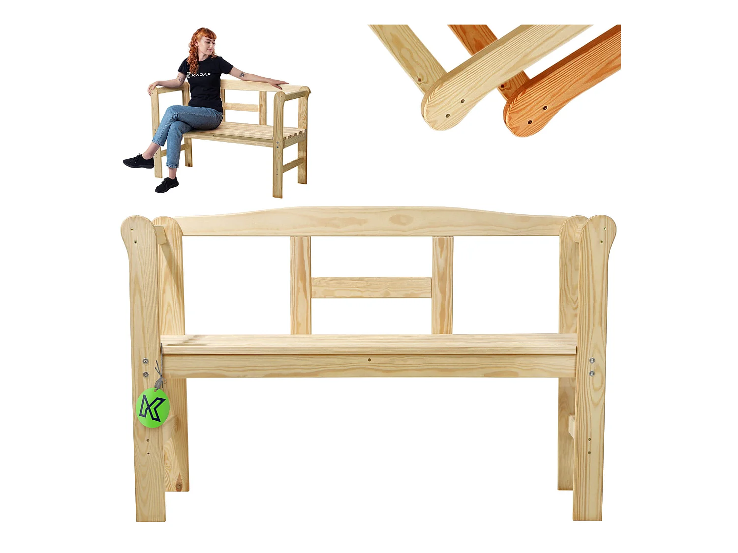 Banc de jardin en bois KADAX, 119 x 44 x 76 cm, banc en bois massif, banc en bois pour jardin, terrasse et balcon, banc de balcon résistant aux intempéries avec