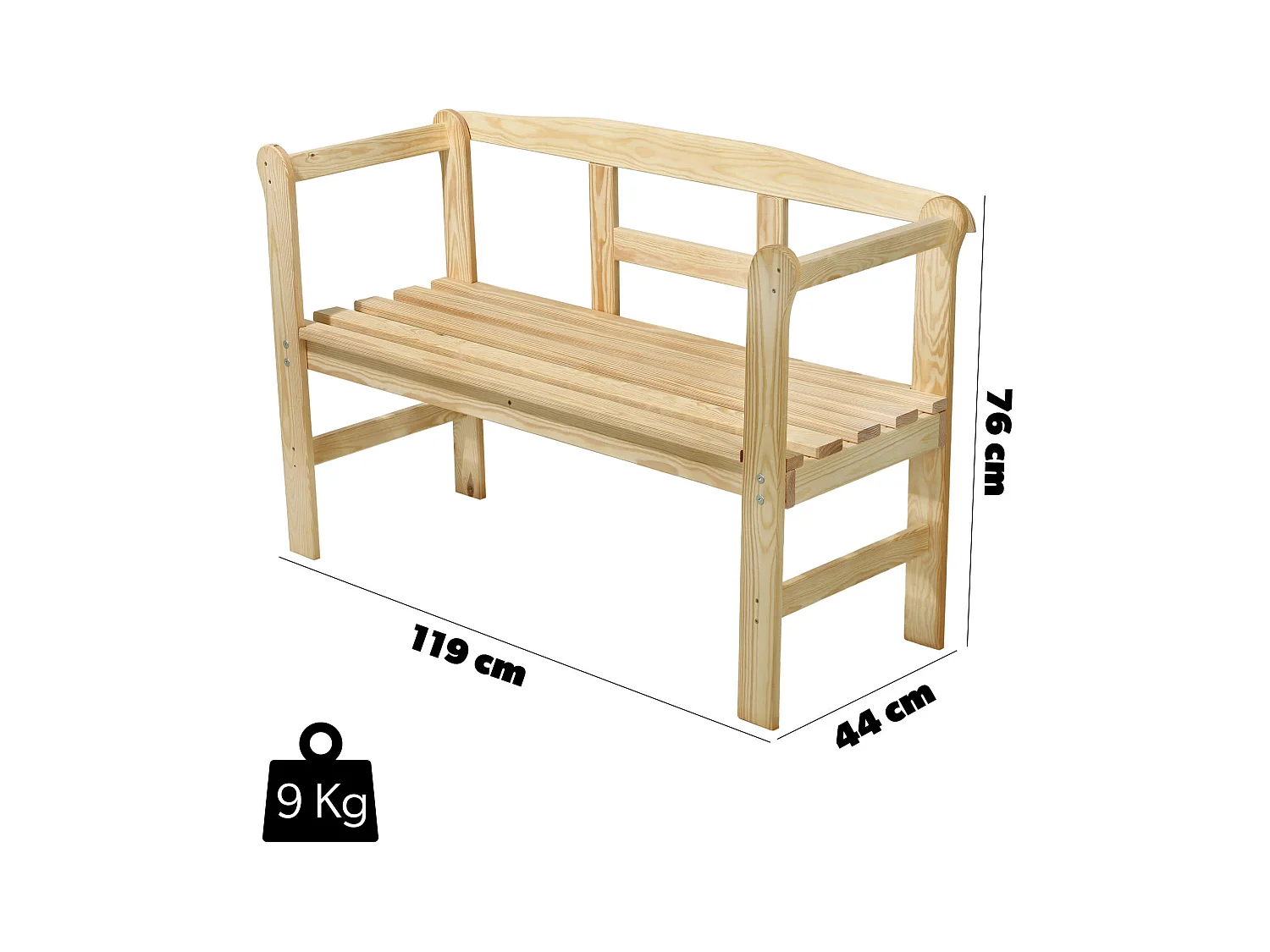 Banc de jardin en bois KADAX, 119 x 44 x 76 cm, banc en bois massif, banc en bois pour jardin, terrasse et balcon, banc de balcon résistant aux intempéries avec