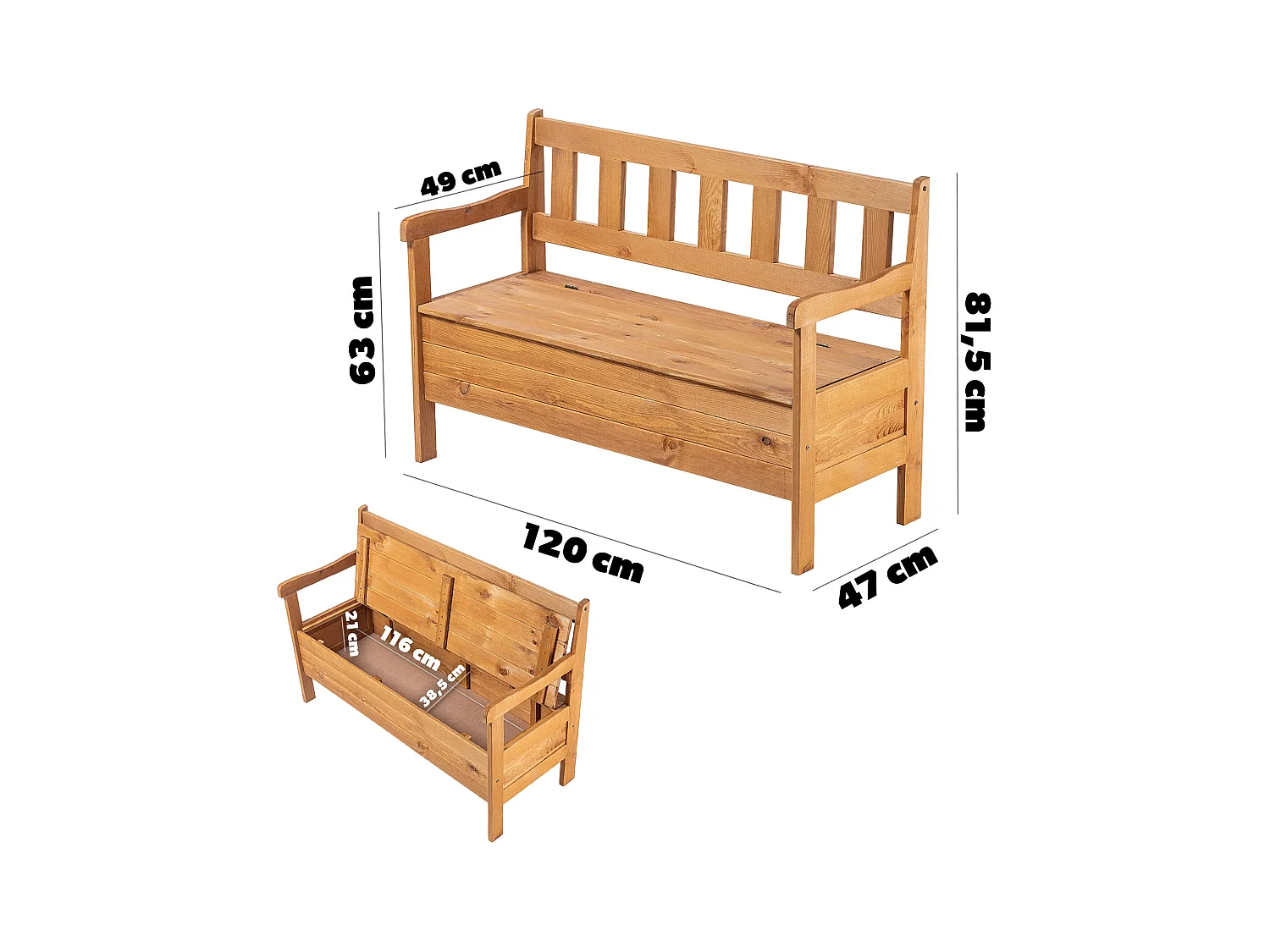 KADAX Tuinbank, 120 x 47 x 81,5 cm, weerbestendige vezelplaatbank met opbergruimte en rugleuning, bruin