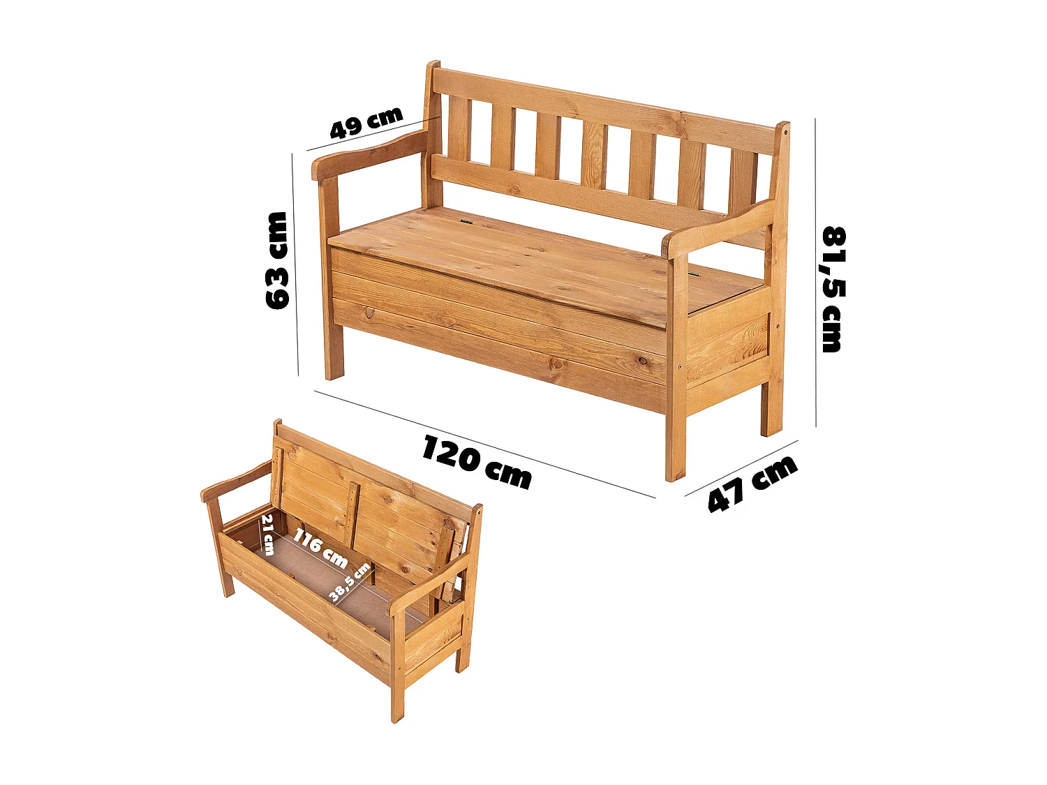 Banc de jardin KADAX, 120 x 47 x 81,5 cm, banc en panneaux de fibres résistant aux intempéries avec espace de rangement et dossier, marron