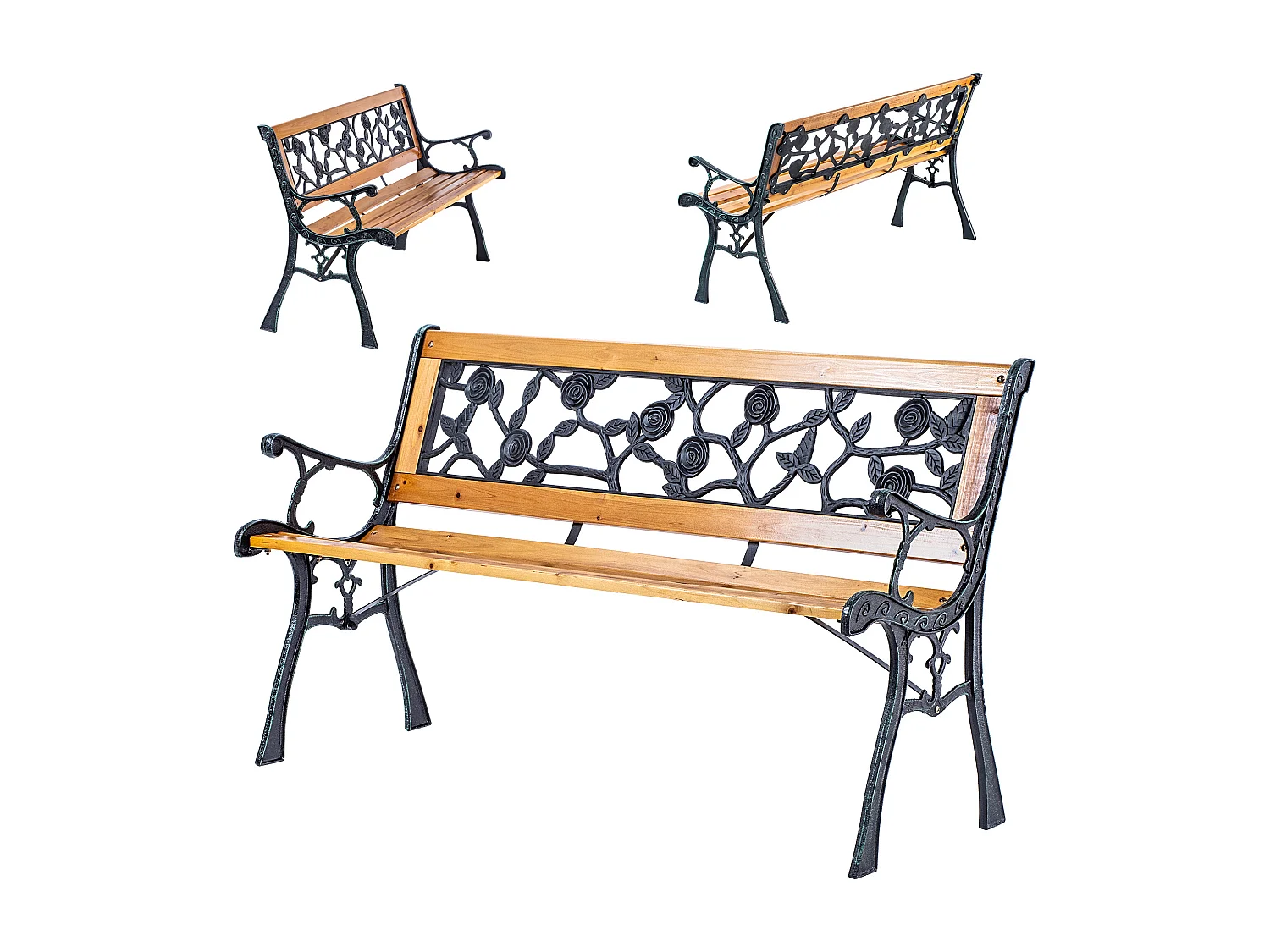 Panca da giardino KADAX in legno e ghisa, panca in legno a 2 posti con braccioli e schienale, panca, panchina da parcheggio, panca da esterno per balcone,