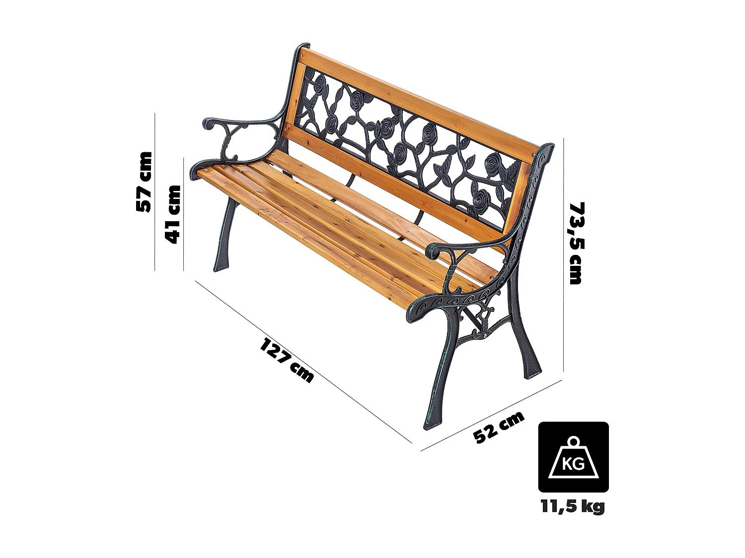 Panca da giardino KADAX in legno e ghisa, panca in legno a 2 posti con braccioli e schienale, panca, panchina da parcheggio, panca da esterno per balcone,