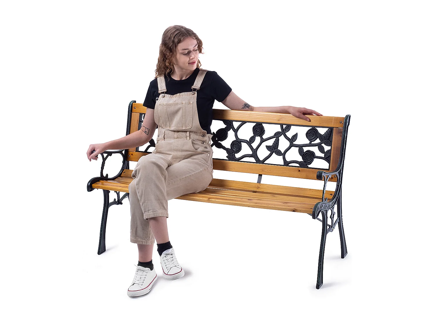 Panca da giardino KADAX in legno e ghisa, panca in legno a 2 posti con braccioli e schienale, panca, panchina da parcheggio, panca da esterno per balcone,