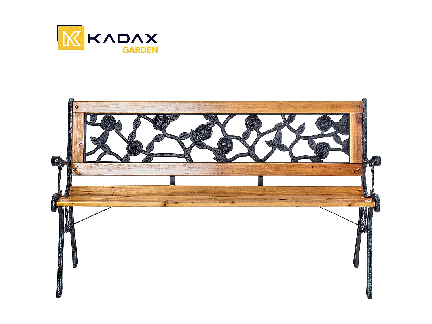 Panca da giardino KADAX in legno e ghisa, panca in legno a 2 posti con braccioli e schienale, panca, panchina da parcheggio, panca da esterno per balcone,