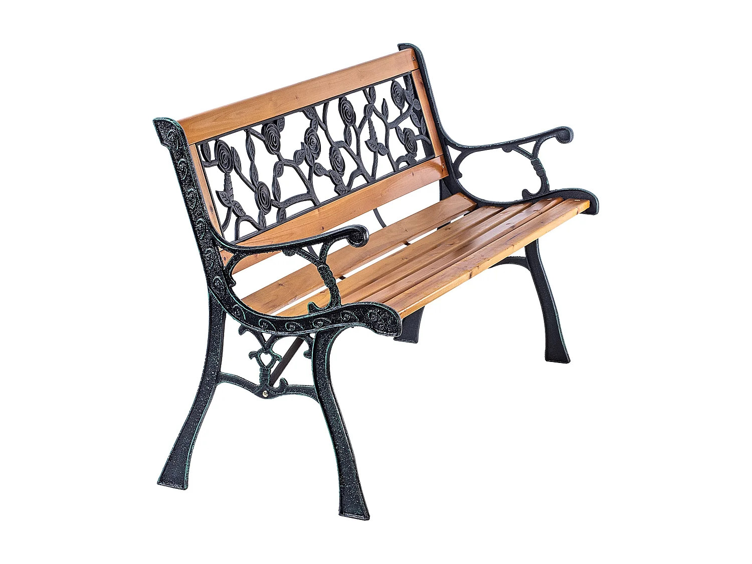 Panca da giardino KADAX in legno e ghisa, panca in legno a 2 posti con braccioli e schienale, panca, panchina da parcheggio, panca da esterno per balcone,