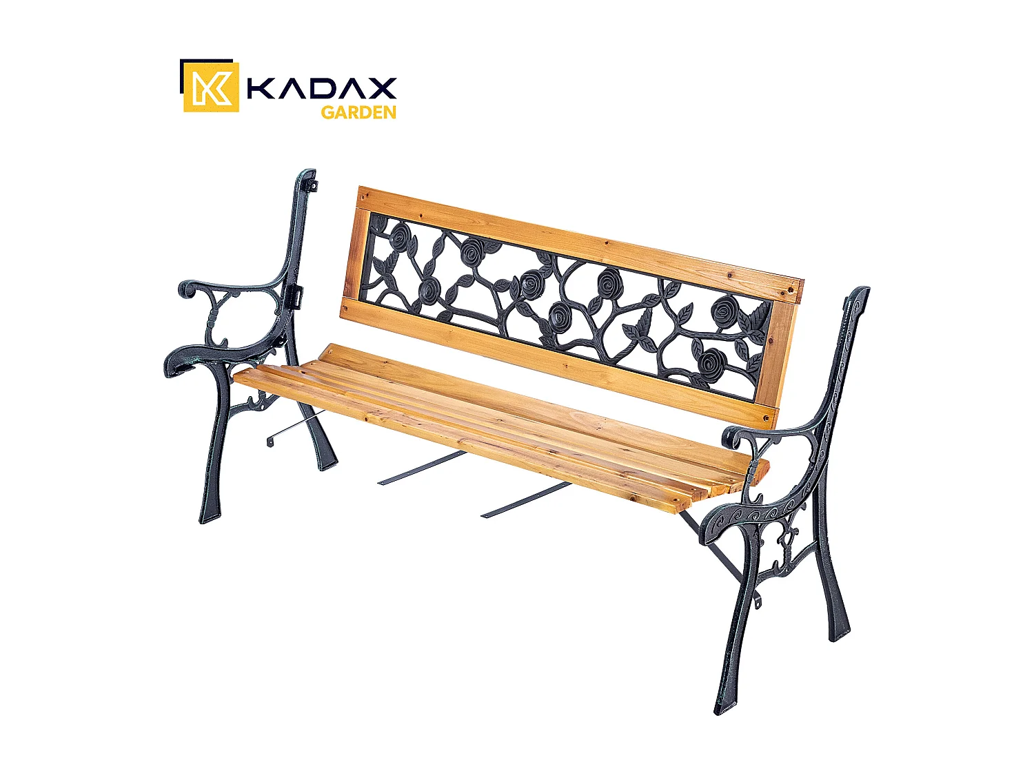 Panca da giardino KADAX in legno e ghisa, panca in legno a 2 posti con braccioli e schienale, panca, panchina da parcheggio, panca da esterno per balcone,