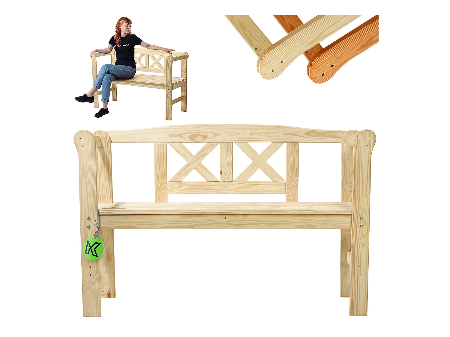 KADAX Ławka ogrodowa Coca z oparciem "X" naturalna 119 x 76 cm