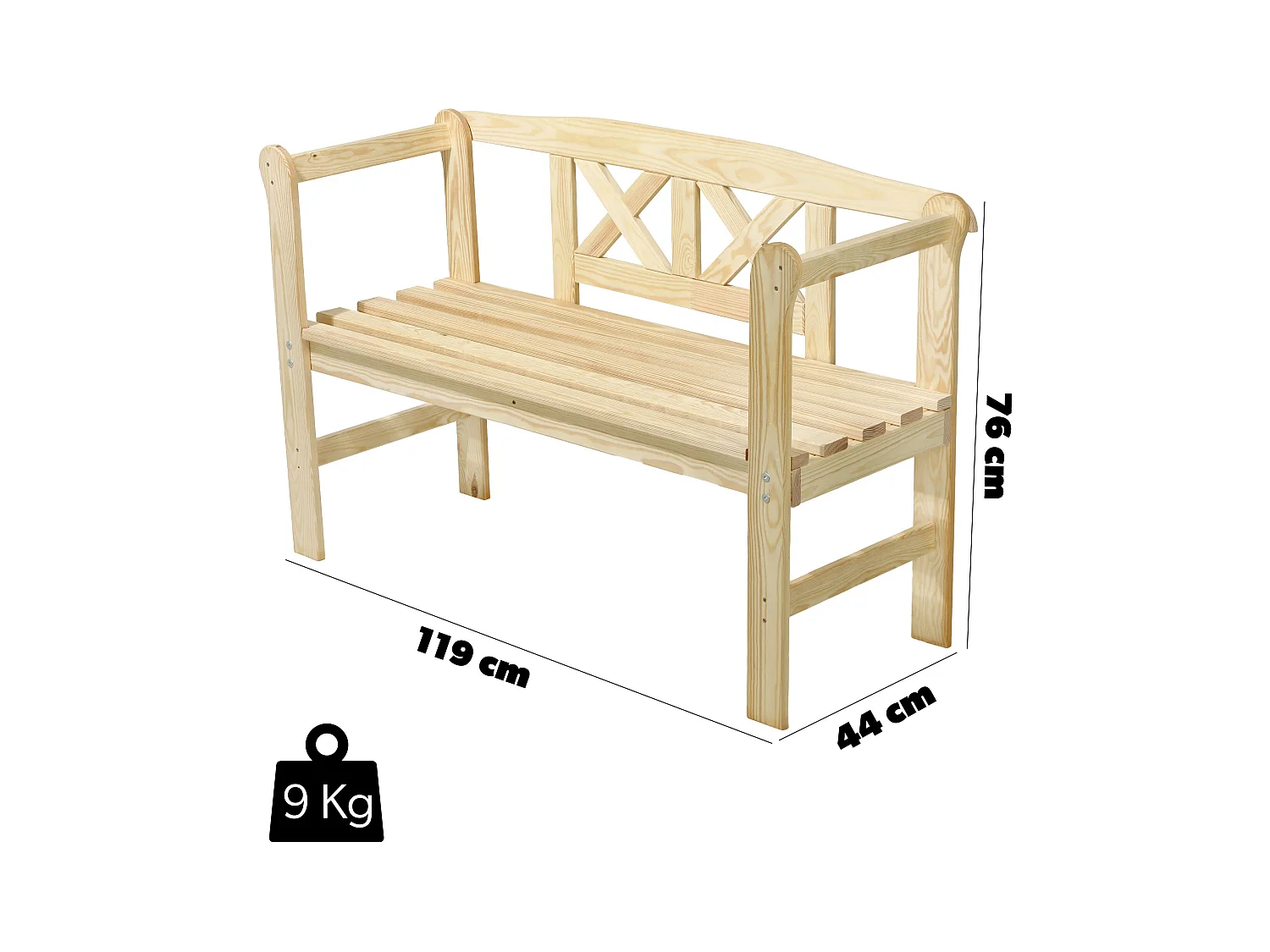 KADAX Ławka ogrodowa Coca z oparciem "X" naturalna 119 x 76 cm