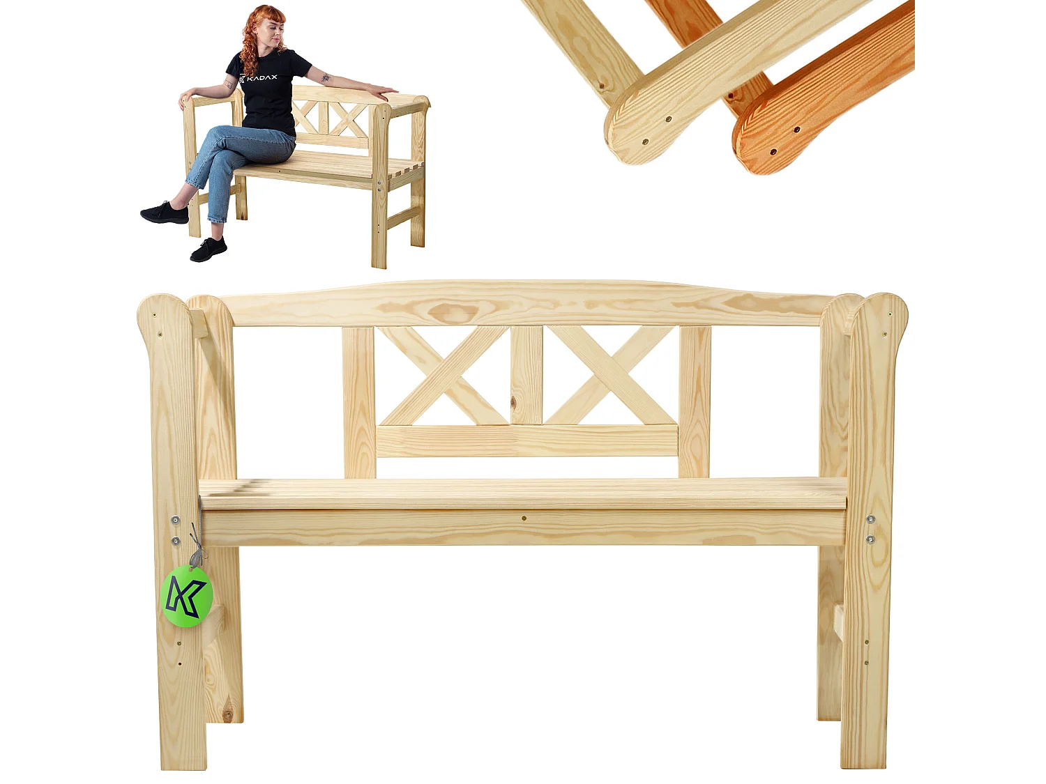 KADAX Ławka ogrodowa Coca z oparciem "X" naturalna 119 x 76 cm