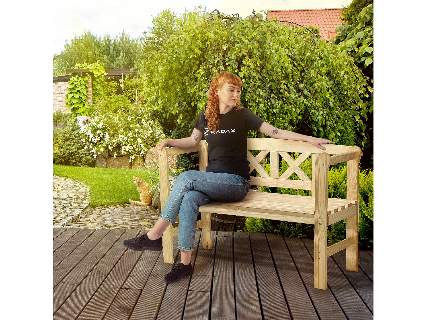 KADAX Ławka ogrodowa Coca z oparciem "X" naturalna 119 x 76 cm