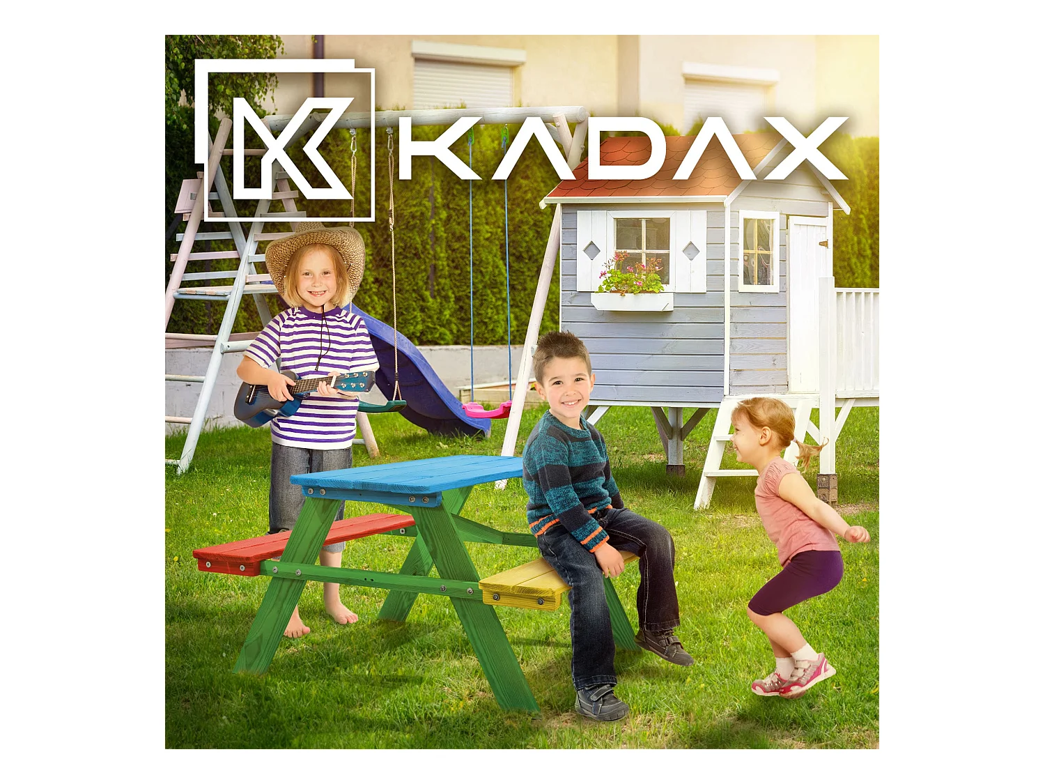 KADAX Kinder-Picknicktisch mit Bänken, Kindermöbel fürs Picknick, Kindertisch aus Holz, Picknick-Set für den Garten, Kindersitzgruppe aus Holz, Kindersitzgruppe