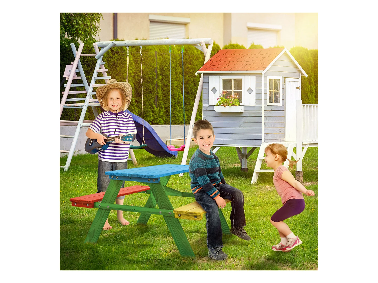 KADAX Kinder-Picknicktisch mit Bänken, Kindermöbel fürs Picknick, Kindertisch aus Holz, Picknick-Set für den Garten, Kindersitzgruppe aus Holz, Kindersitzgruppe