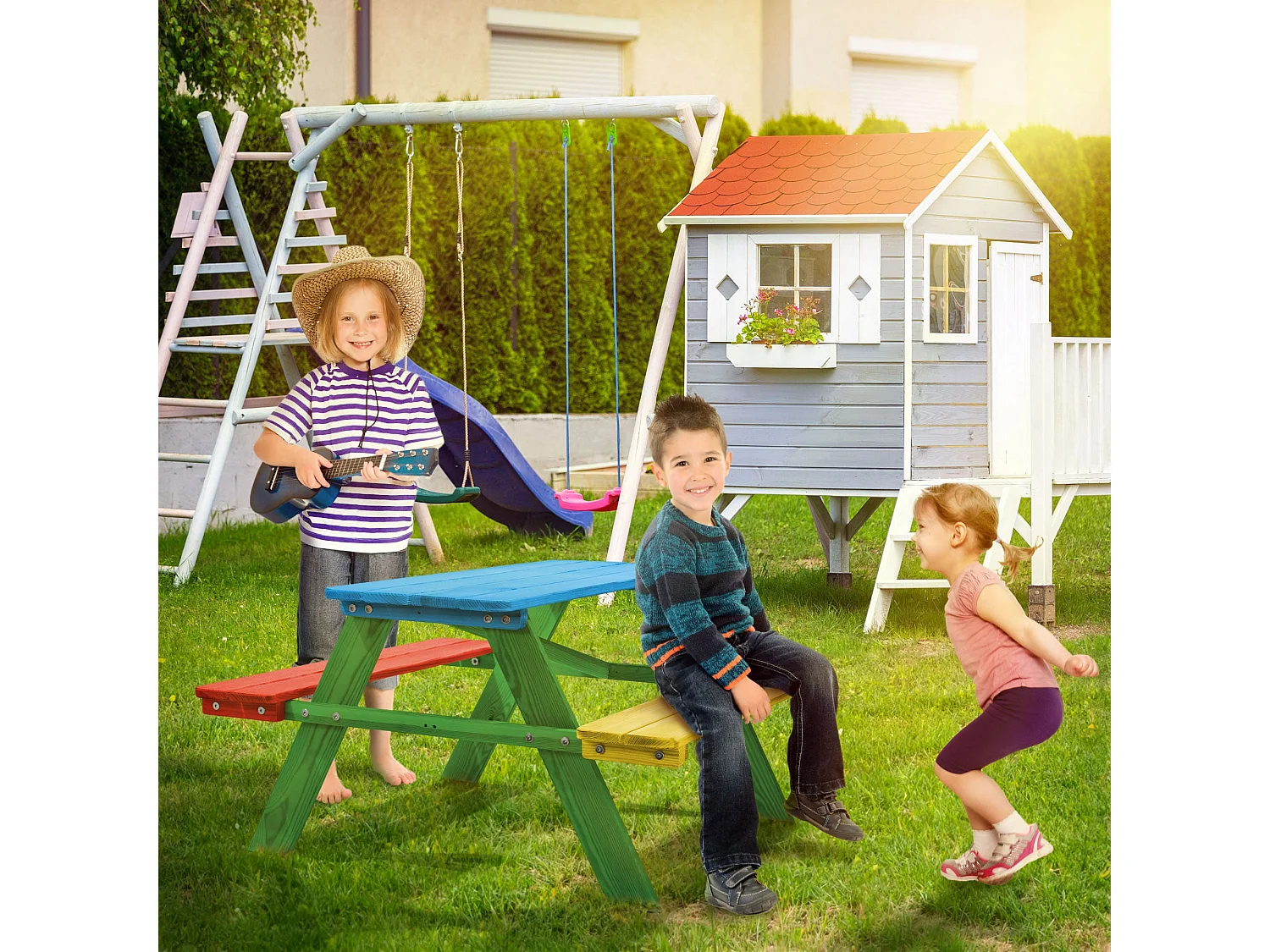 KADAX Table de pique-nique pour enfants avec bancs, mobilier pour enfants pour pique-nique, table pour enfants en bois, ensemble de pique-nique pour le jardin,