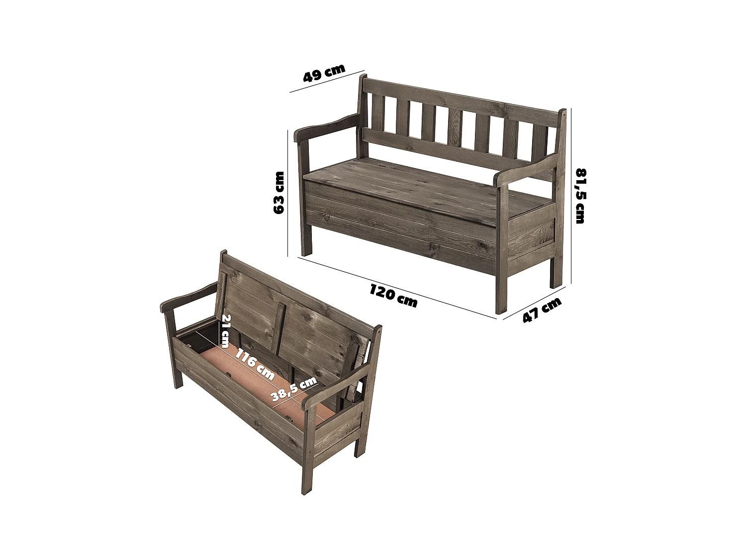 KADAX Tuinbank met opbergruimte, 120 x 47 x 81,5 cm, vezelplaat borst rugleuning, weerbestendig, voor tuin, balkon (120 cm, donkerbruin)