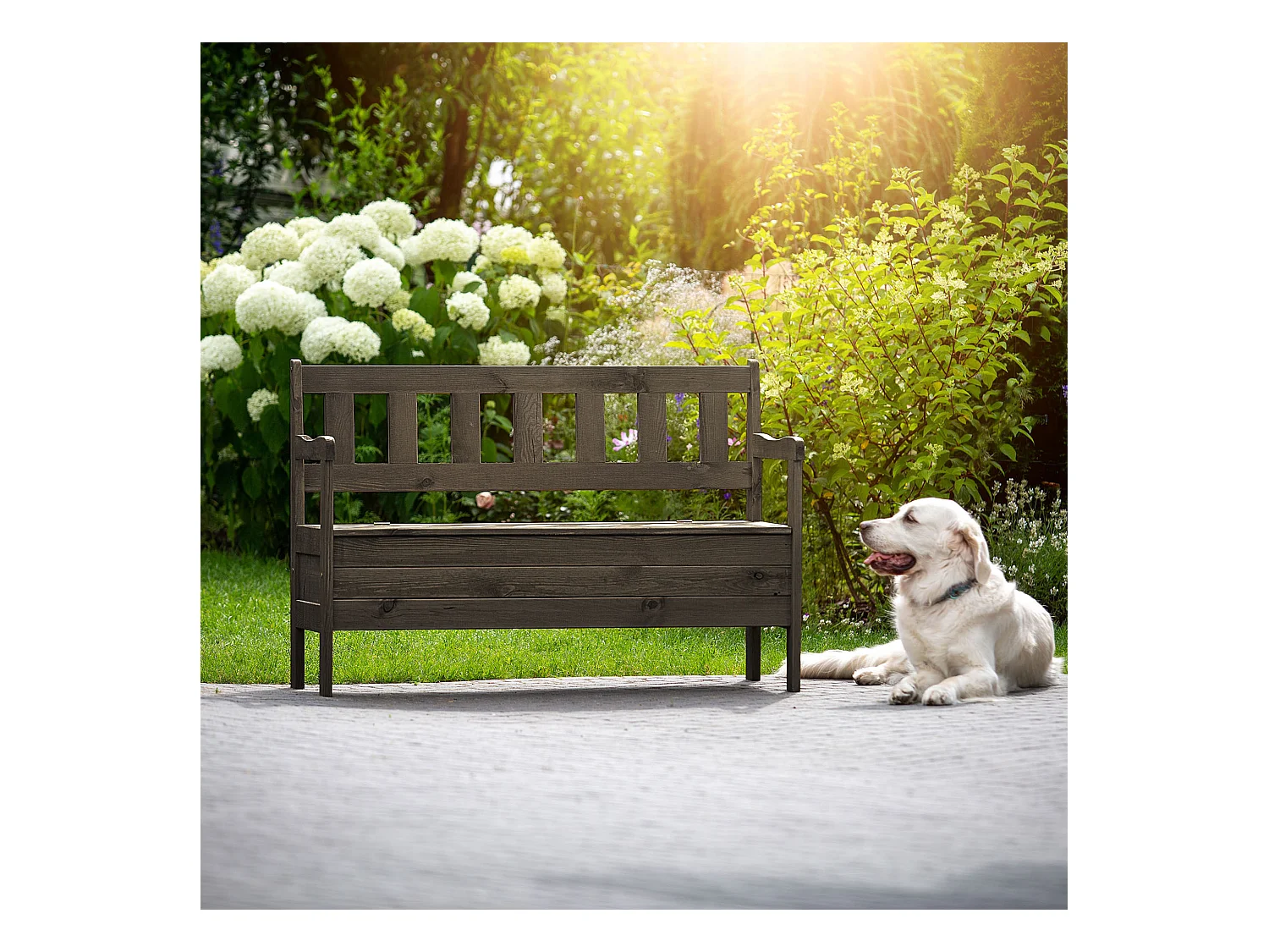 KADAX Tuinbank met opbergruimte, 120 x 47 x 81,5 cm, vezelplaat borst rugleuning, weerbestendig, voor tuin, balkon (120 cm, donkerbruin)