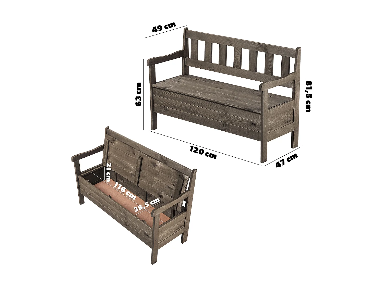 Banc de jardin KADAX avec rangement, 120 x 47 x 81,5 cm, dossier en panneau de fibres, résistant aux intempéries, pour jardin, balcon (120 cm, marron foncé)