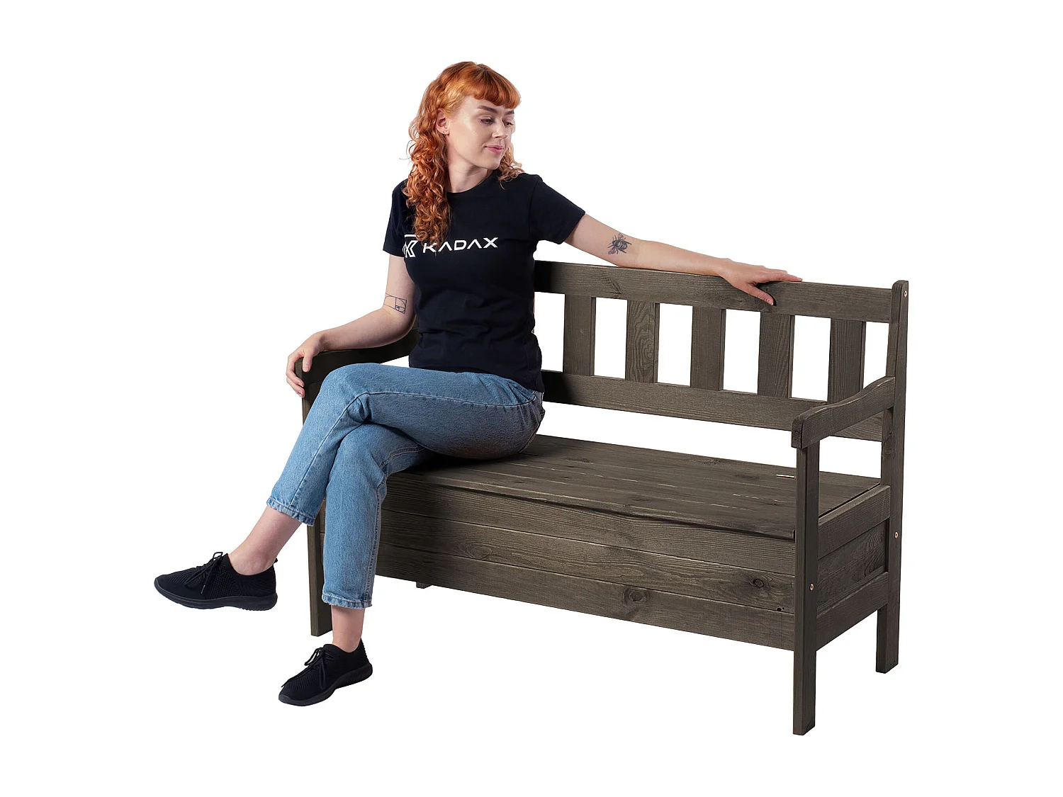Banc de jardin KADAX avec rangement, 120 x 47 x 81,5 cm, dossier en panneau de fibres, résistant aux intempéries, pour jardin, balcon (120 cm, marron foncé)