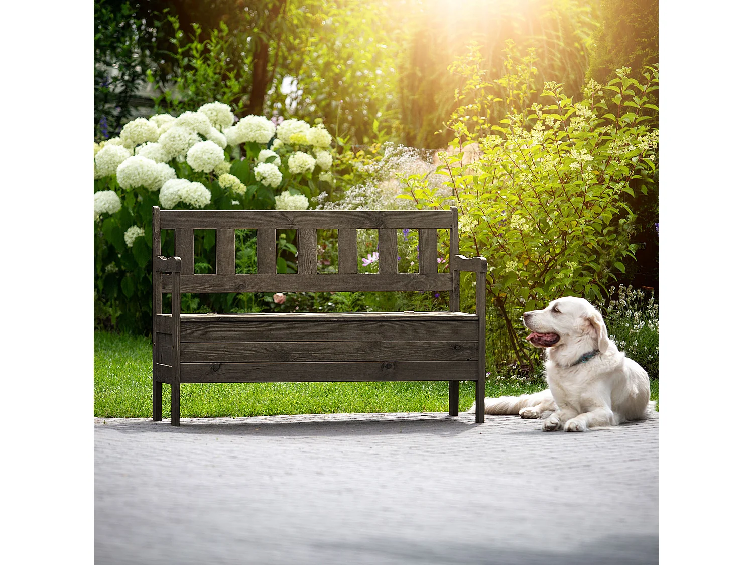 Banc de jardin KADAX avec rangement, 120 x 47 x 81,5 cm, dossier en panneau de fibres, résistant aux intempéries, pour jardin, balcon (120 cm, marron foncé)