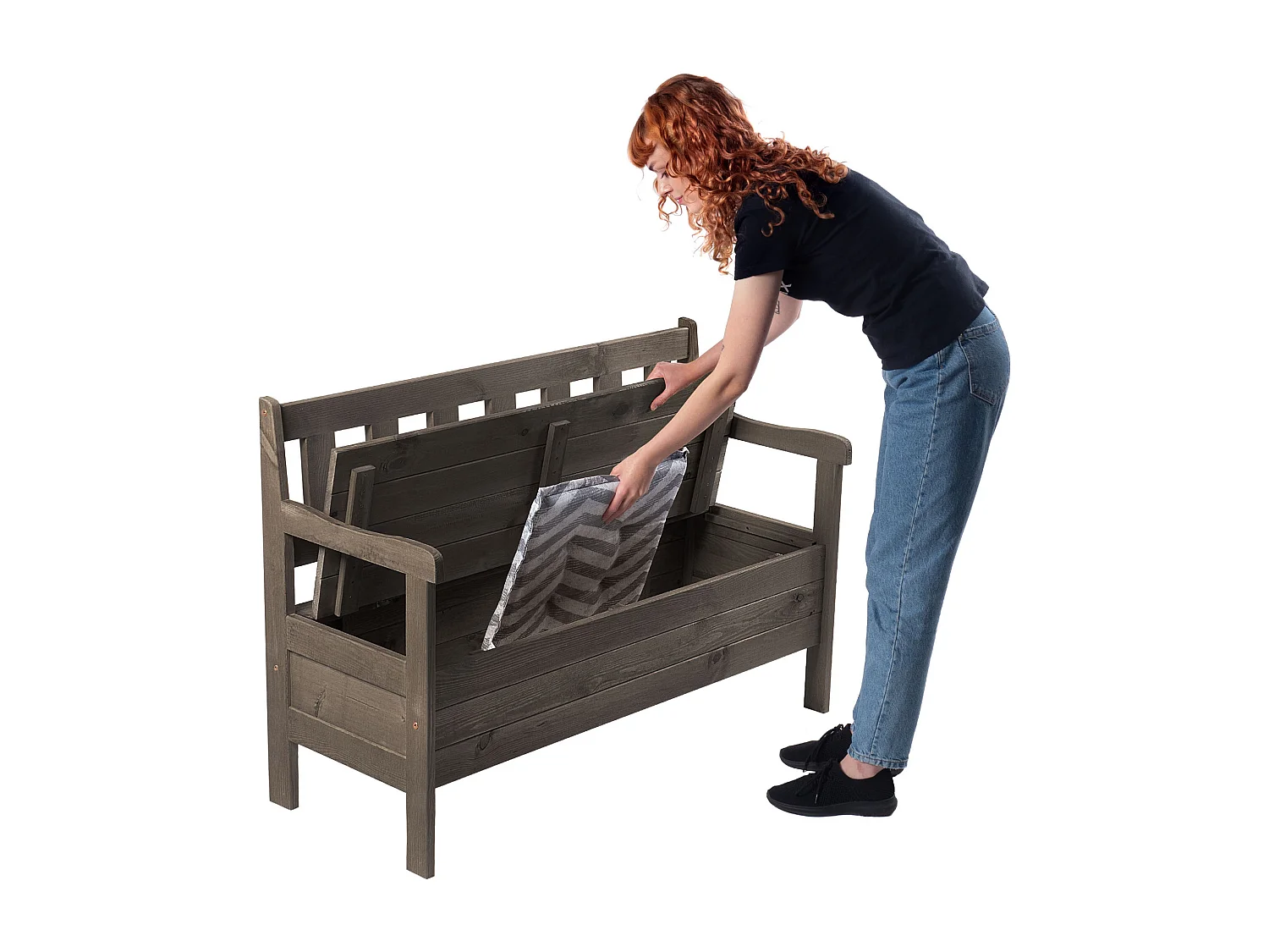 Banc de jardin KADAX avec rangement, 120 x 47 x 81,5 cm, dossier en panneau de fibres, résistant aux intempéries, pour jardin, balcon (120 cm, marron foncé)