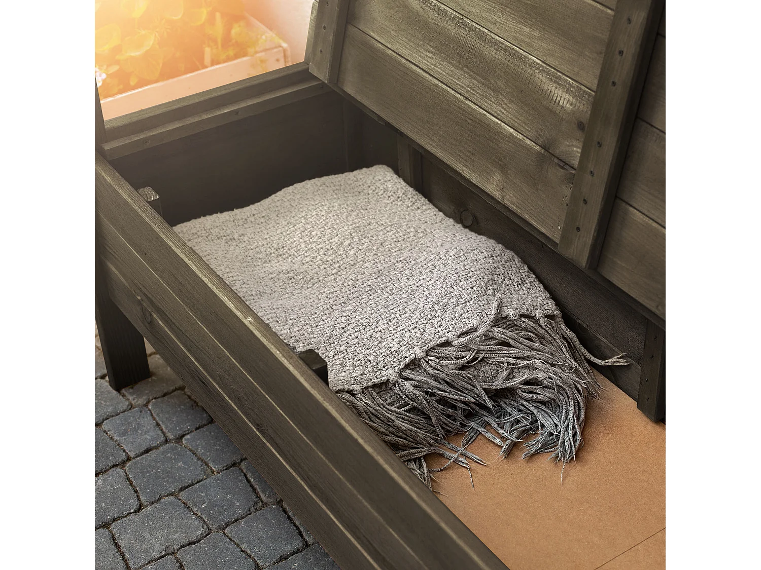 Banc de jardin KADAX avec rangement, 120 x 47 x 81,5 cm, dossier en panneau de fibres, résistant aux intempéries, pour jardin, balcon (120 cm, marron foncé)